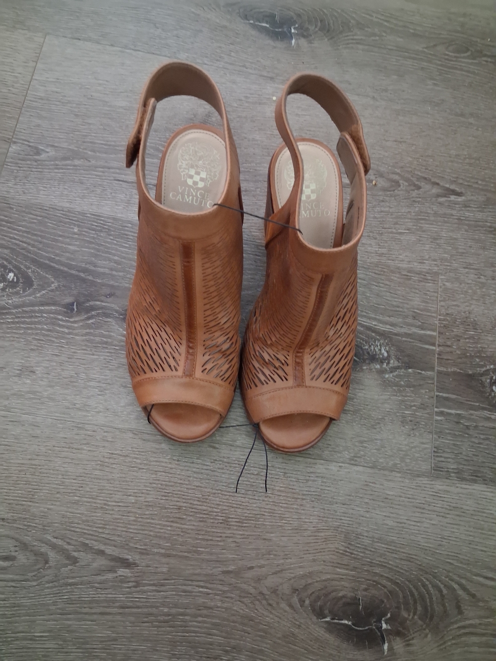 Vince Camuto Cognac Laser-Cut Peep-Toe Slingback Heels